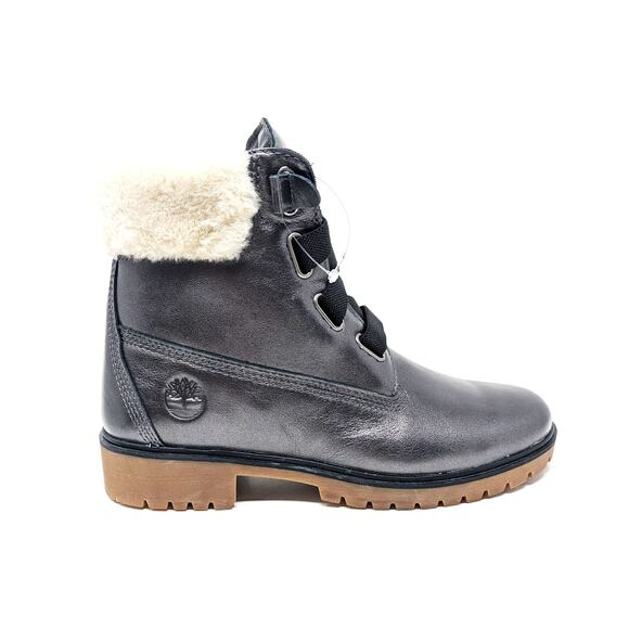 New Timberland Womens 8.5 Shoes Jayne Boots Fur Waterproof Metallic Grey Leather - Picture 4 of 11
